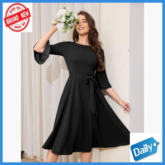 Midi Formal Dress Bell Sleeve Vintage Wedding Guest Church Cocktail - Picture 5 of 7